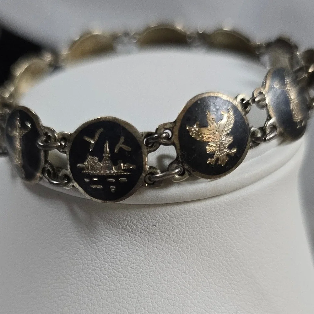 Vintage Siam Sterling Silver Niello‎ Link Bracelet Thai Goddess 7 Inch 10.4g